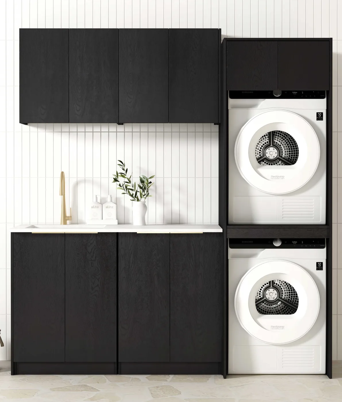 OTTI BYRON BLACK OAK 1960MM LAUNDRY AND WALL CABINET WITH STONE TOP & SINK (PACKAGE-C)