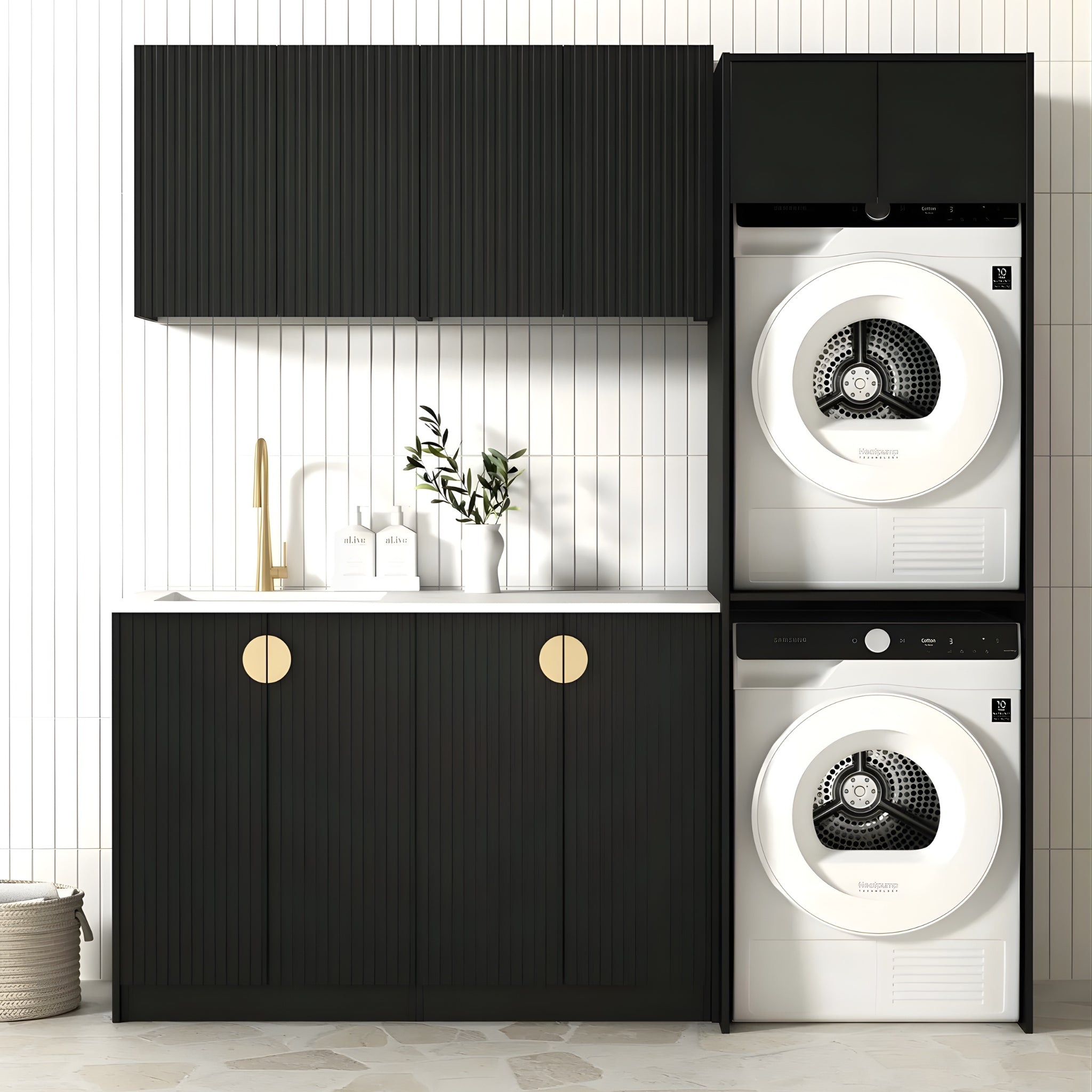 OTTI MARLO MATTE BLACK 1960MM LAUNDRY AND WALL CABINET WITH STONE TOP & SINK (PACKAGE-C)