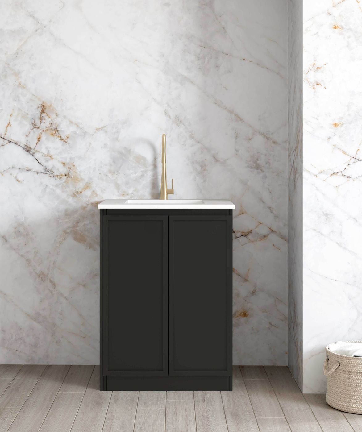 OTTI HAMPSHIRE MATTE BLACK 650MM MINI LAUNDRY CABINET WITH STONE TOP & SINK