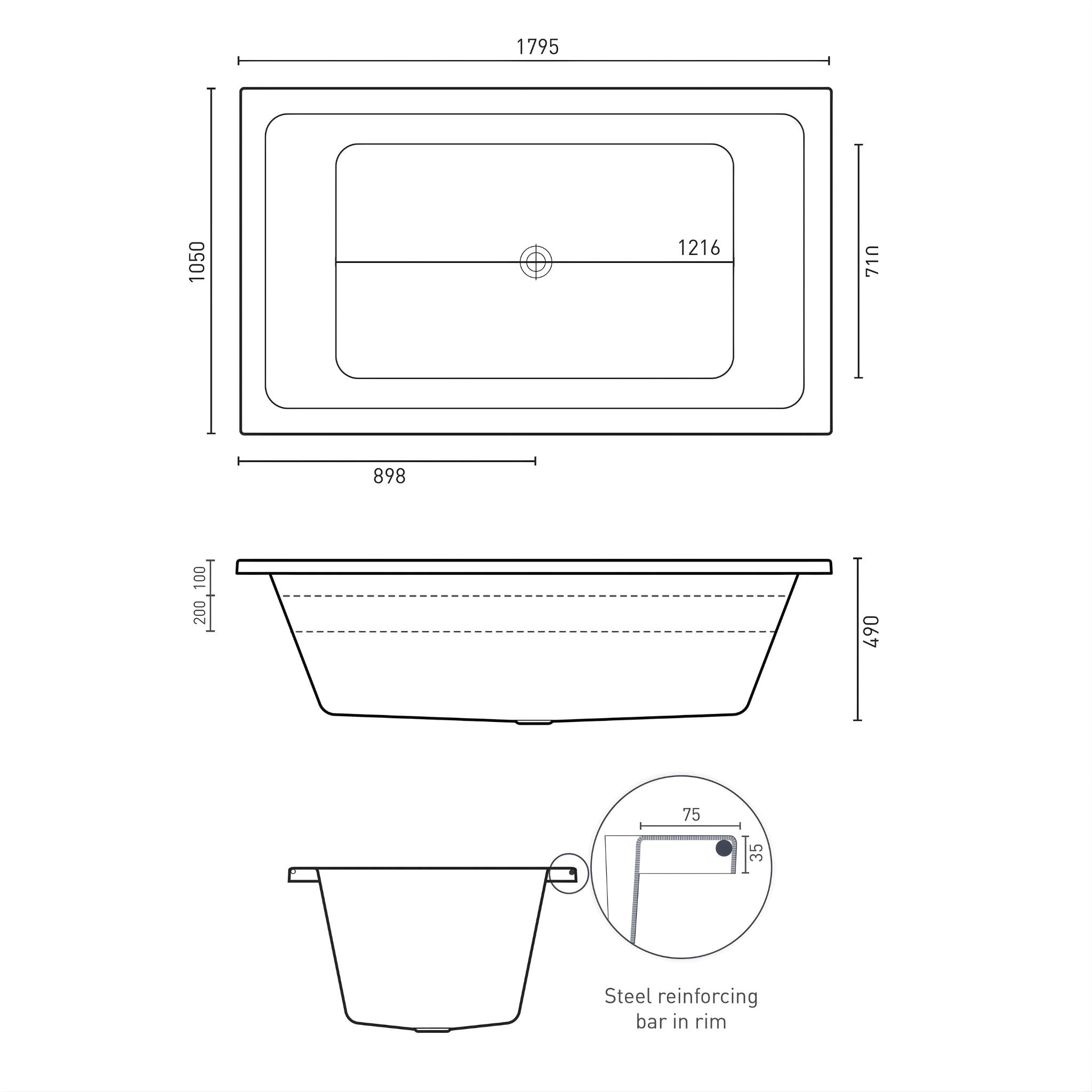 DECINA LAGO INSET CONTOUR SPA BATH GLOSS WHITE 1795MM WITH 18-JETS