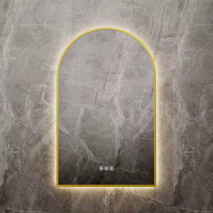 VITO LUMIX ARCHED FRAMED BACKLIT SMART LED MIRROR BRUSHED BRASS 500X750MM