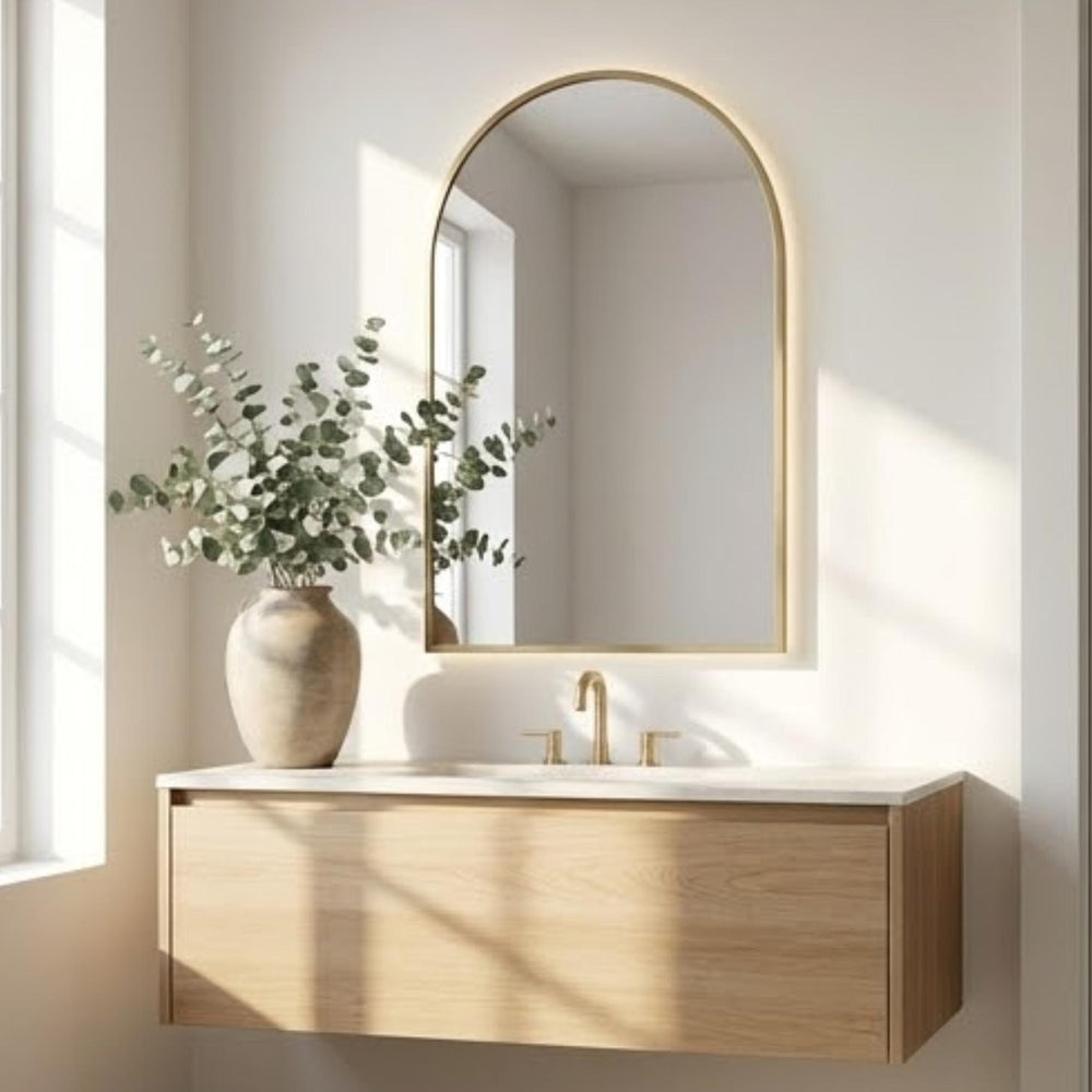 VITO LUMIX ARCHED FRAMED BACKLIT SMART LED MIRROR BRUSHED BRASS 500X750MM
