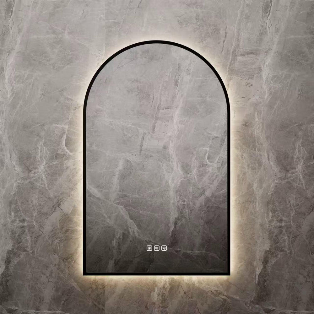 VITO LUMIX ARCHED FRAMED BACKLIT SMART LED MIRROR MATTE BLACK 500X750MM