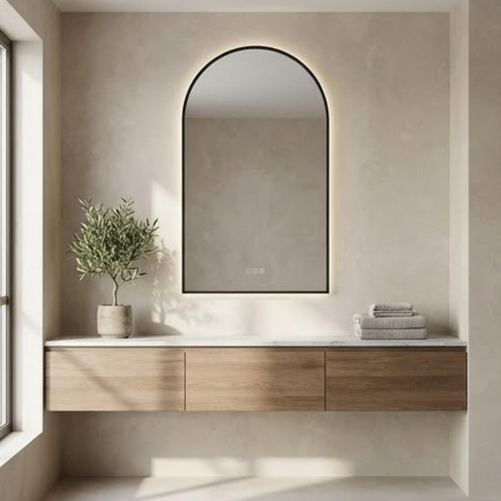VITO LUMIX ARCHED FRAMED BACKLIT SMART LED MIRROR MATTE BLACK 500X750MM