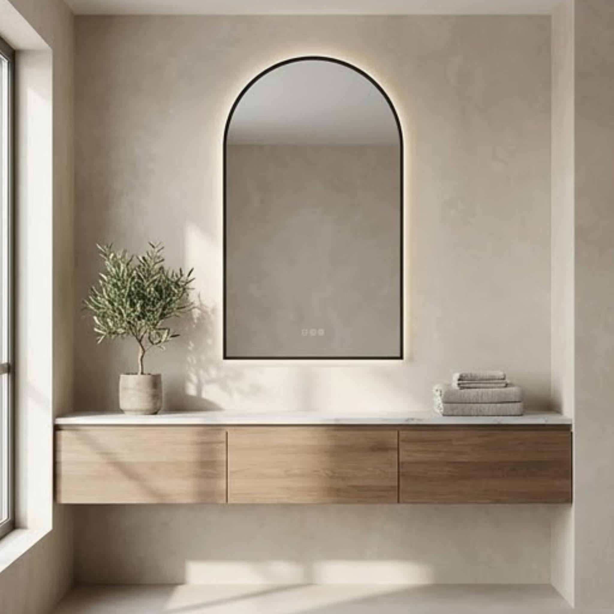 VITO LUMIX ARCHED FRAMED BACKLIT SMART LED MIRROR MATTE BLACK 500X750MM