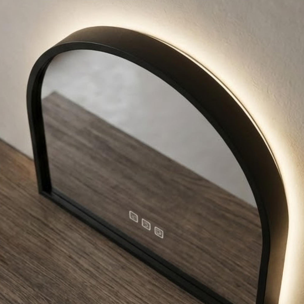 VITO LUMIX ARCHED FRAMED BACKLIT SMART LED MIRROR MATTE BLACK 500X750MM