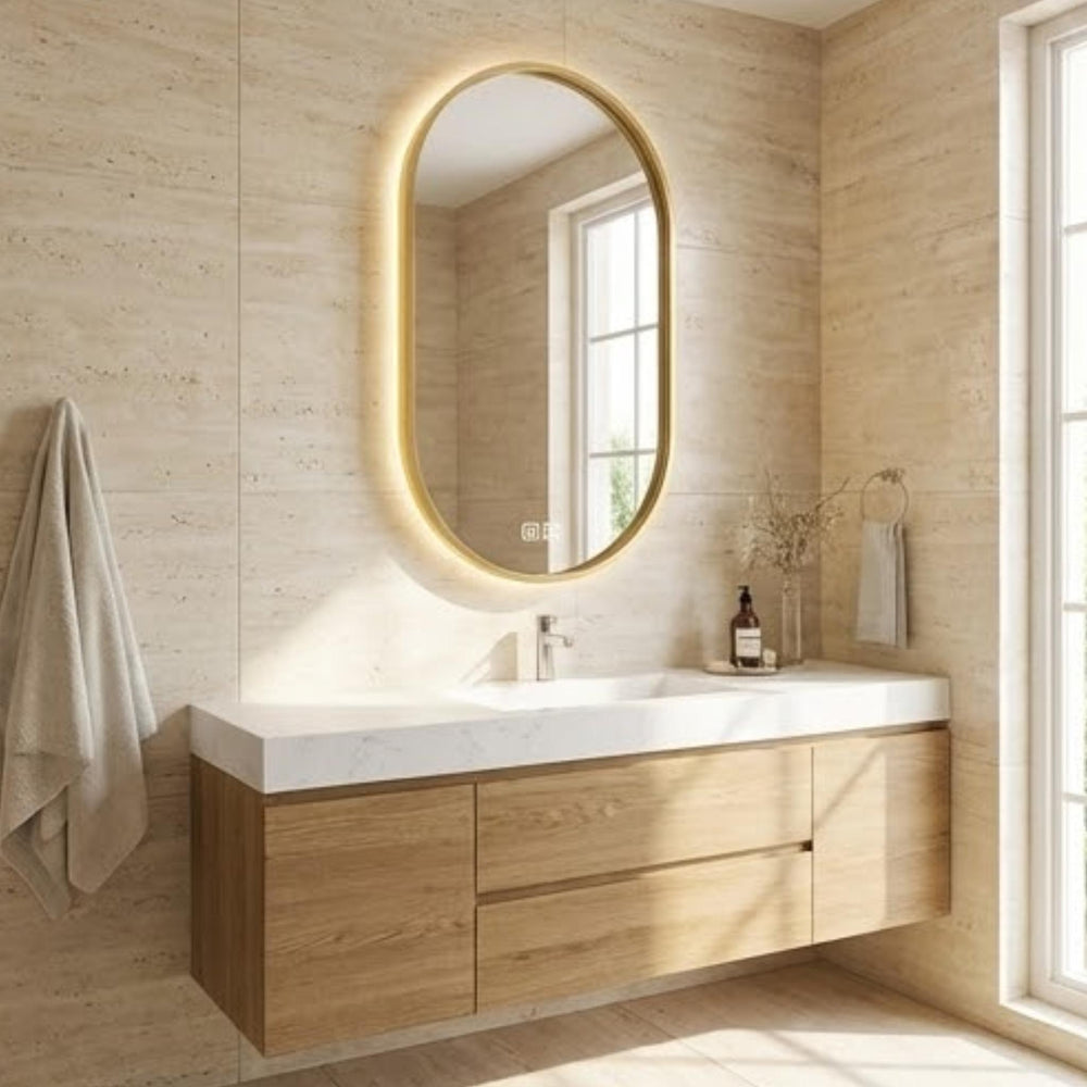 VITO LUMIX OVAL FRAMED BACKLIT SMART LED MIRROR BRUSHED BRASS 500X900MM