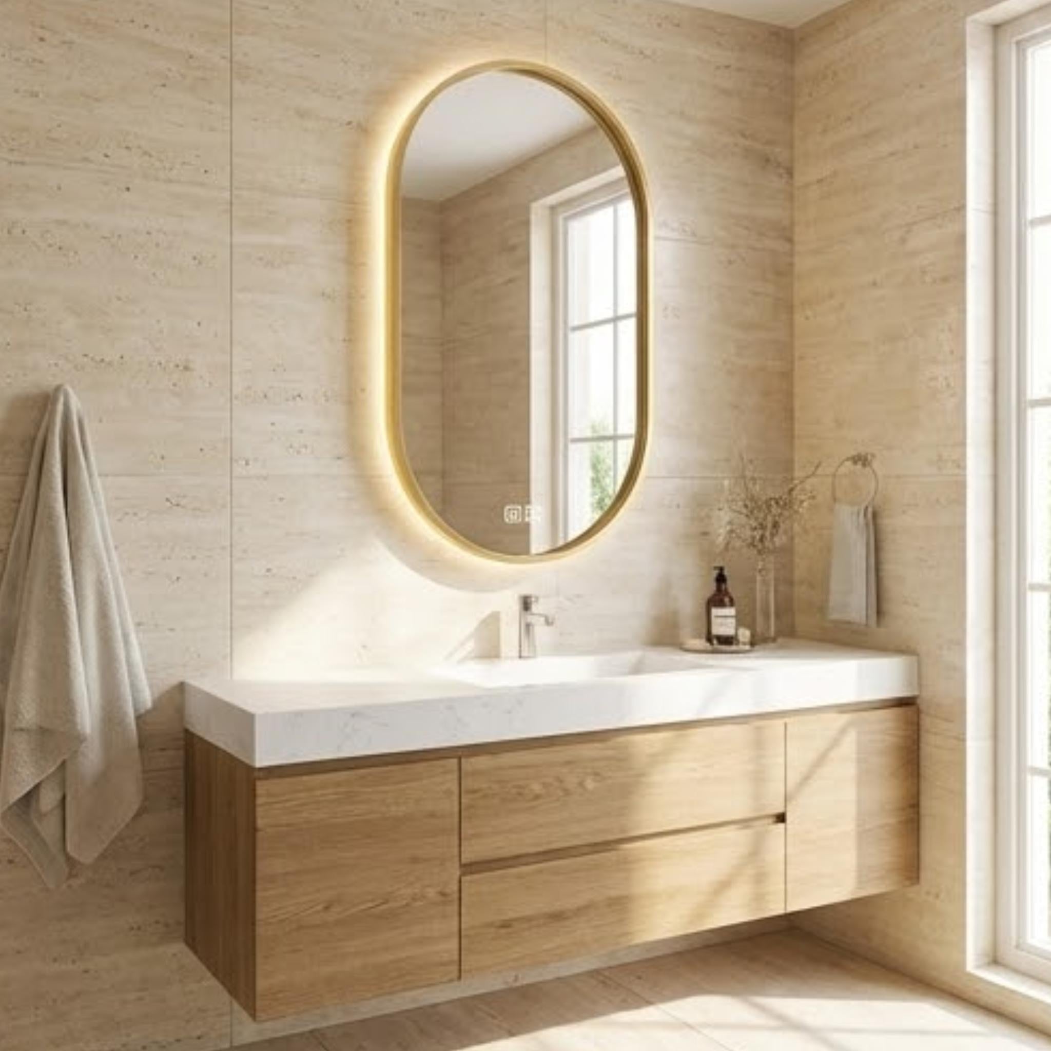 VITO LUMIX OVAL FRAMED BACKLIT SMART LED MIRROR BRUSHED BRASS 500X900MM