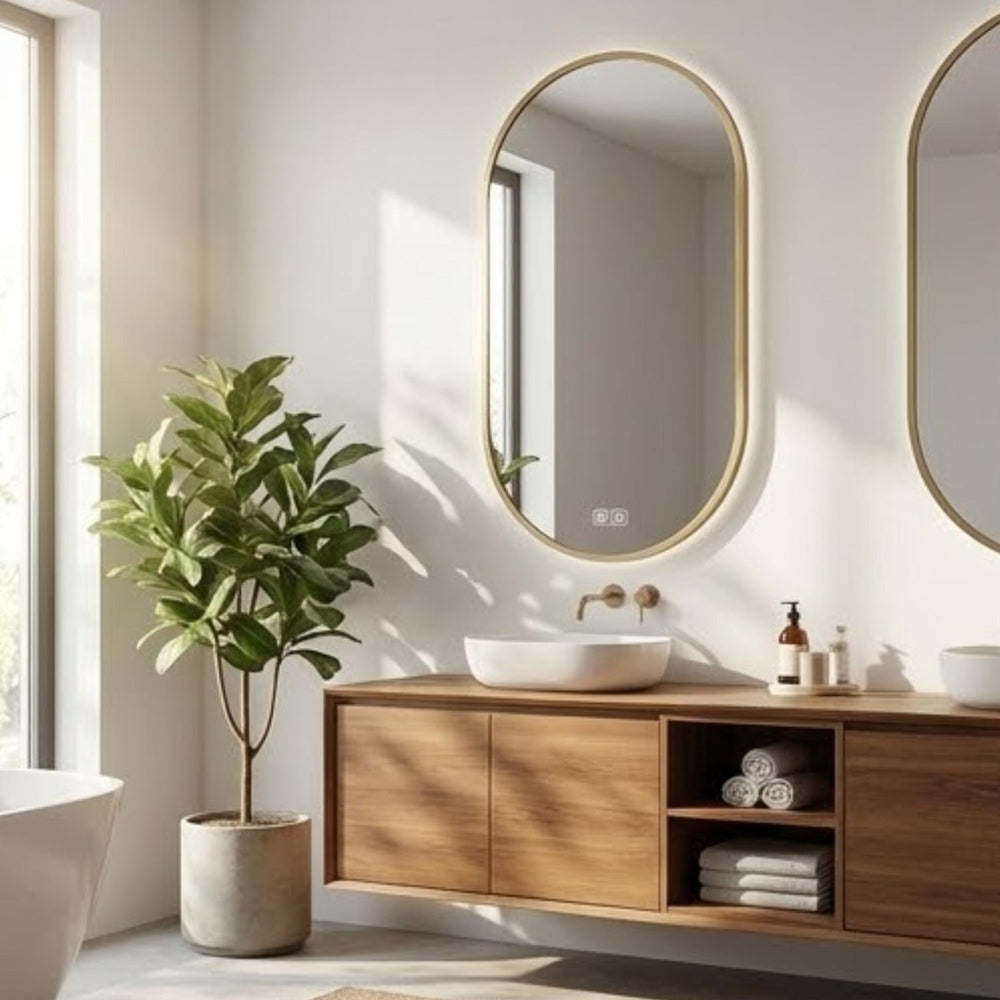 VITO LUMIX OVAL FRAMED BACKLIT SMART LED MIRROR BRUSHED BRASS 500X900MM