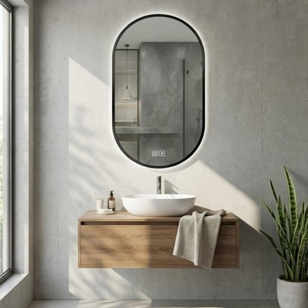 VITO LUMIX OVAL FRAMED BACKLIT SMART LED MIRROR MATTE BLACK 500X900MM