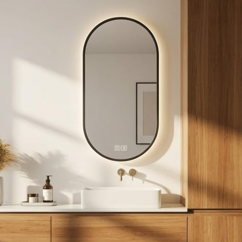 VITO LUMIX OVAL FRAMED BACKLIT SMART LED MIRROR MATTE BLACK 500X900MM
