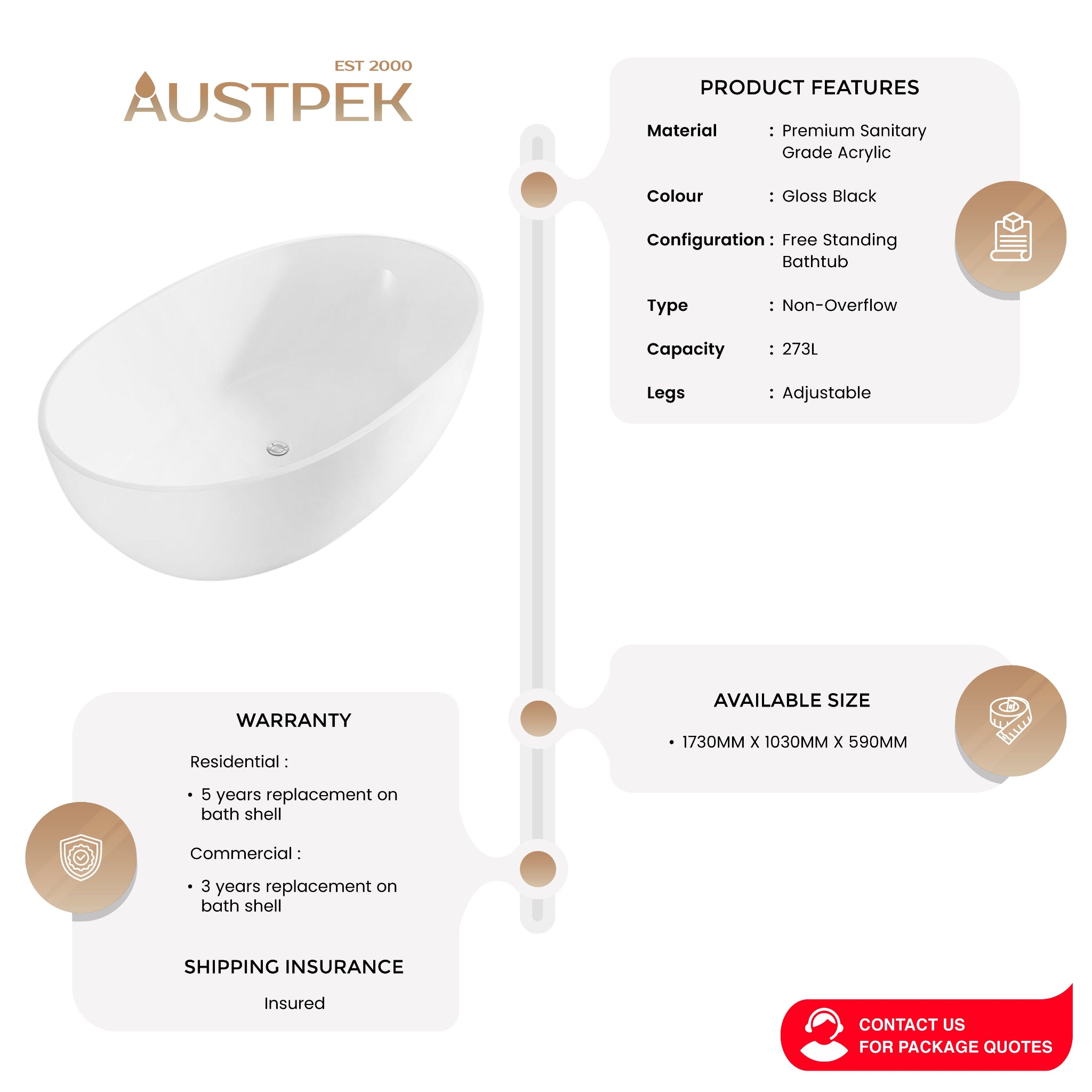 POSEIDON LUCIA FREE STANDING BATH GLOSS WHITE 1800MM