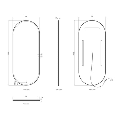 OTTI NOOSA METAL FRAMED OVAL LED MIRROR MATTE BLACK 750X1800MM