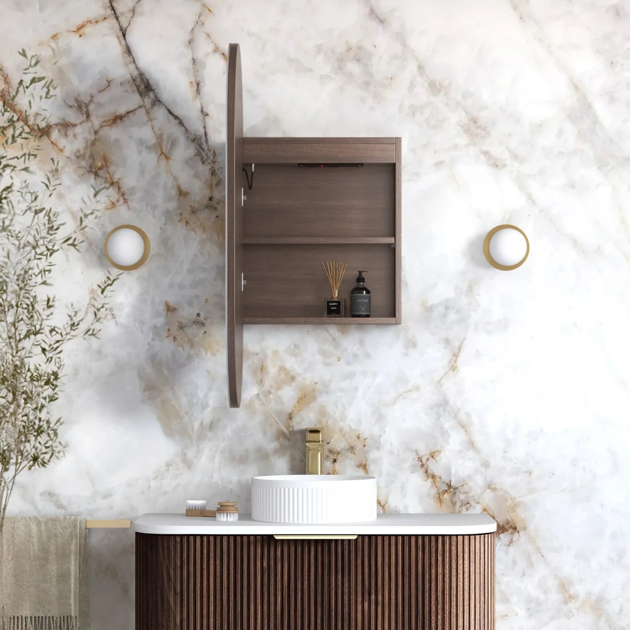 OTTI NOOSA SABLE WALNUT LED SHAVING CABINET WITH POWERPOINT 3 COLOUR LIGHTS 450X900MM