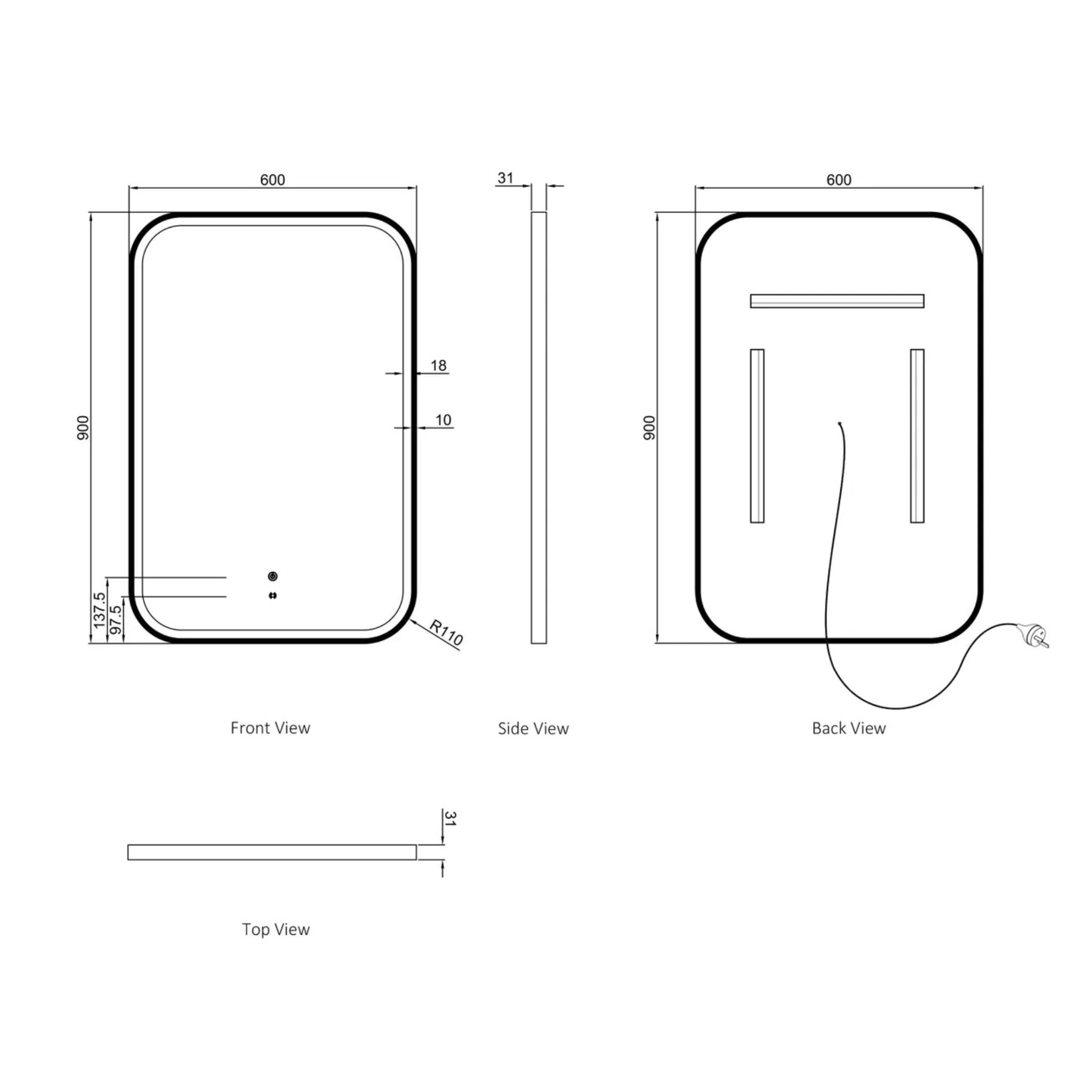 OTTI NEWPORT METAL FRAMED LED MIRROR MATTE WHITE 600X900MM