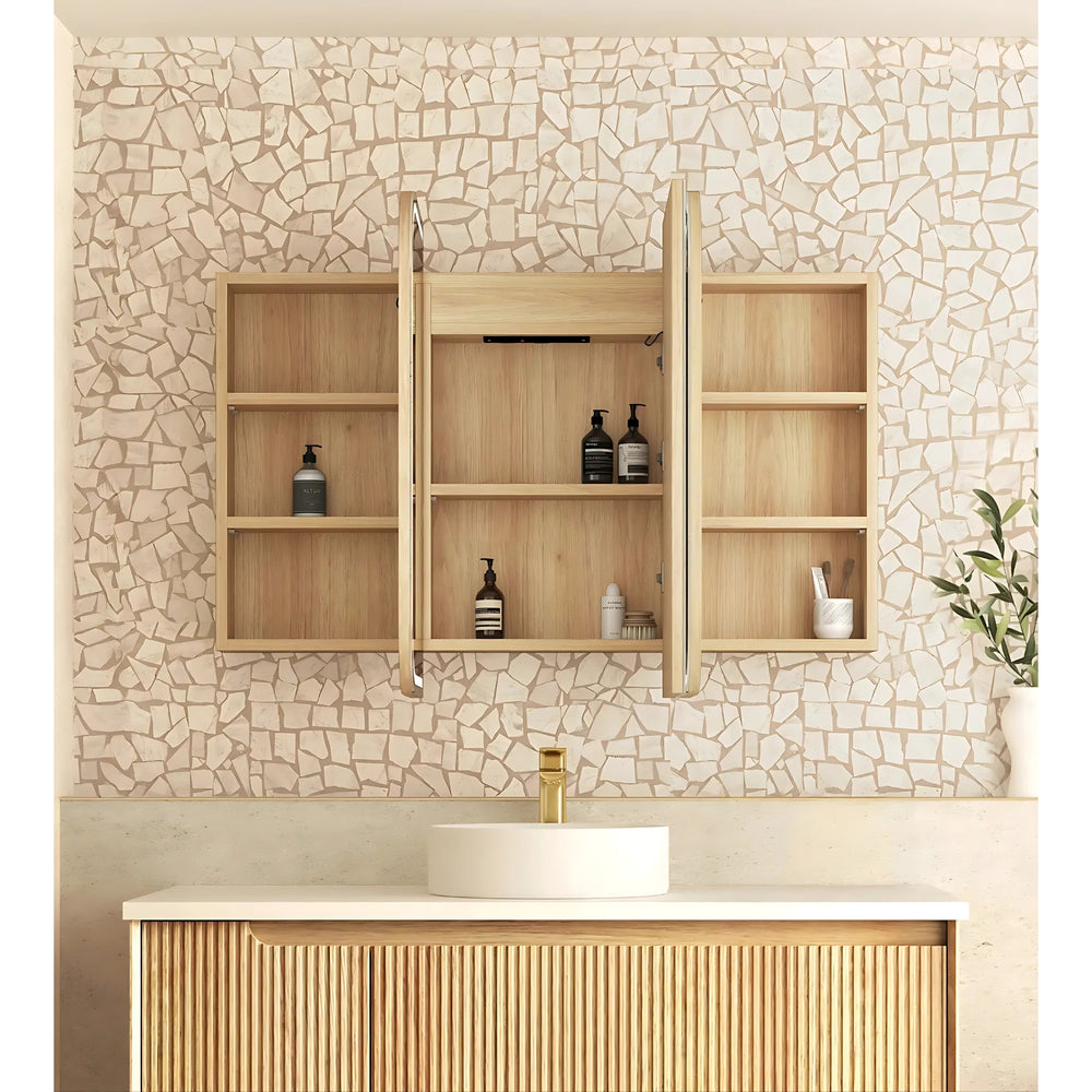 OTTI NEWPORT NATURAL OAK LED SHAVING CABINET WITH POWERPOINT 3 COLOUR LIGHTS 1200X750MM