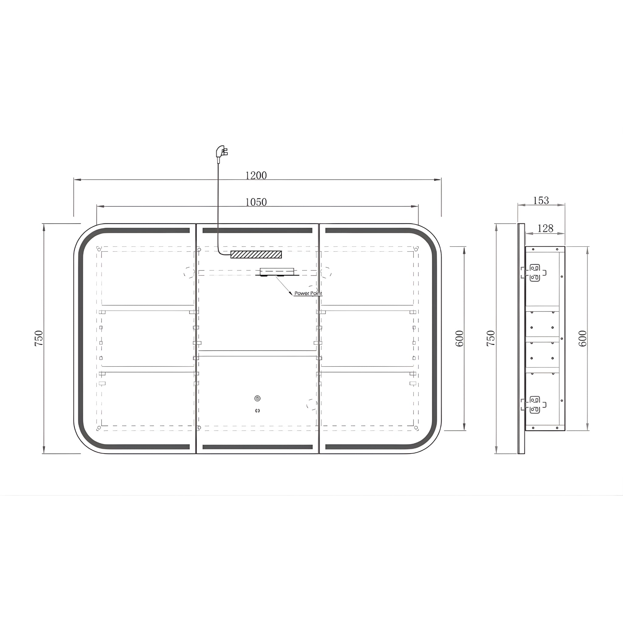 OTTI NEWPORT SABLE WALNUT LED SHAVING CABINET WITH POWERPOINT 1200X750MM