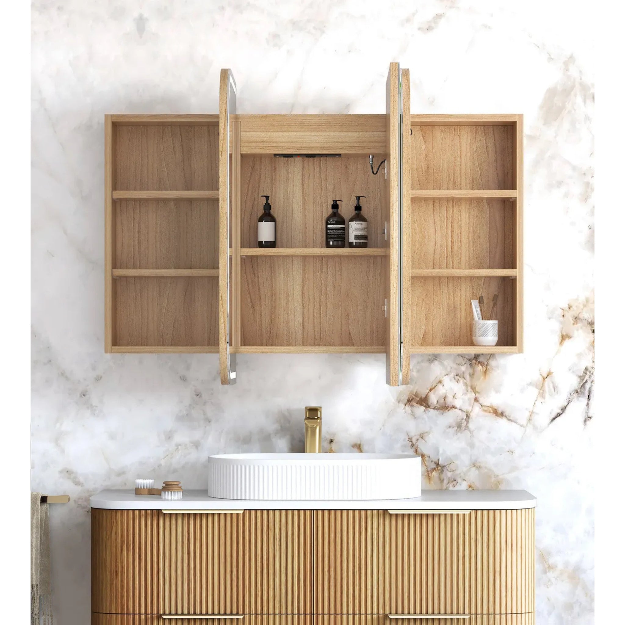 OTTI NEWPORT WOODLAND OAK LED SHAVING CABINET WITH POWERPOINT 3 COLOUR LIGHTS 1200X750MM