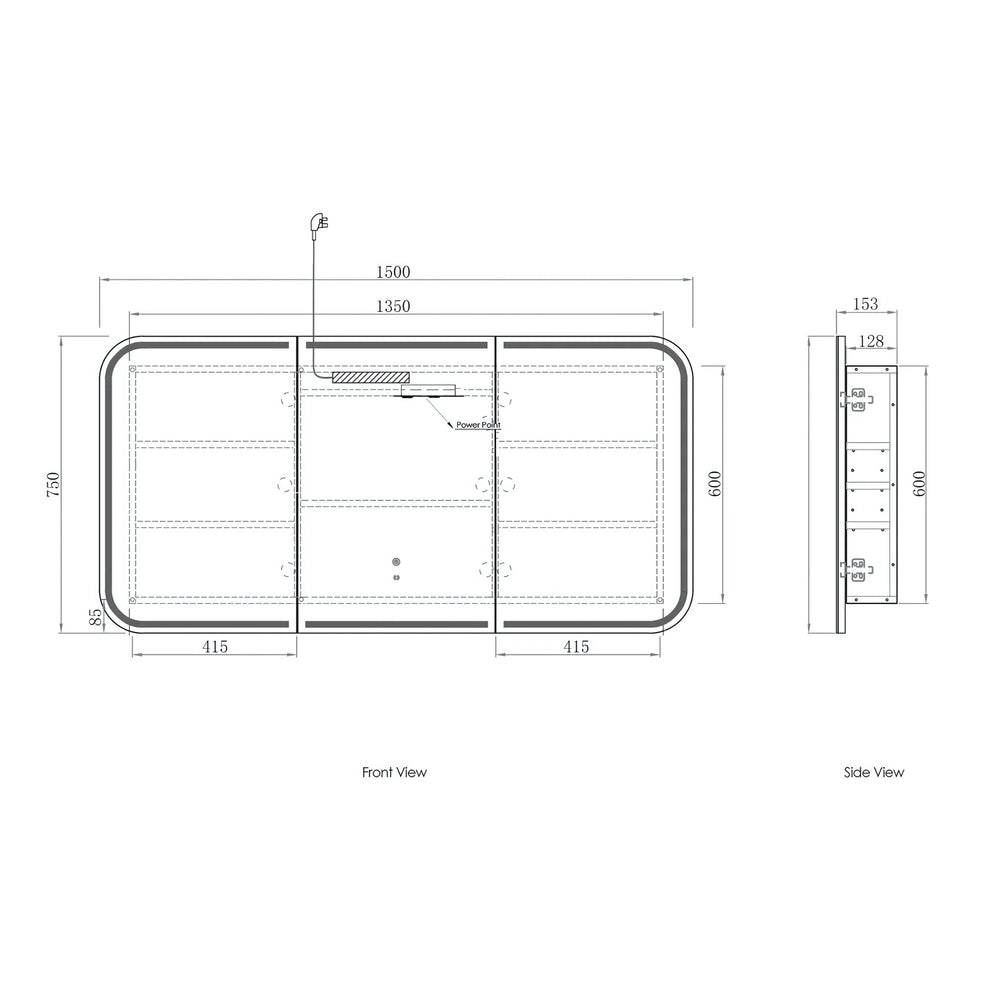OTTI NEWPORT BLACK OAK LED SHAVING CABINET WITH POWERPOINT 1500X750MM