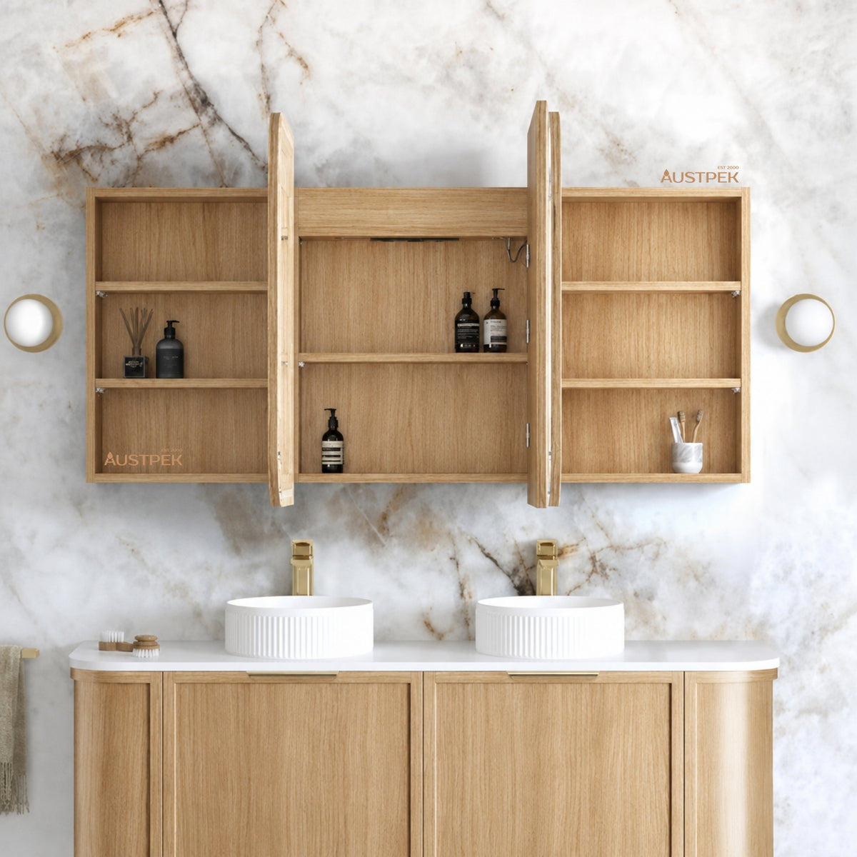 OTTI NEWPORT NATURAL OAK LED SHAVING CABINET WITH POWERPOINT 3 COLOUR LIGHTS 1500X750MM