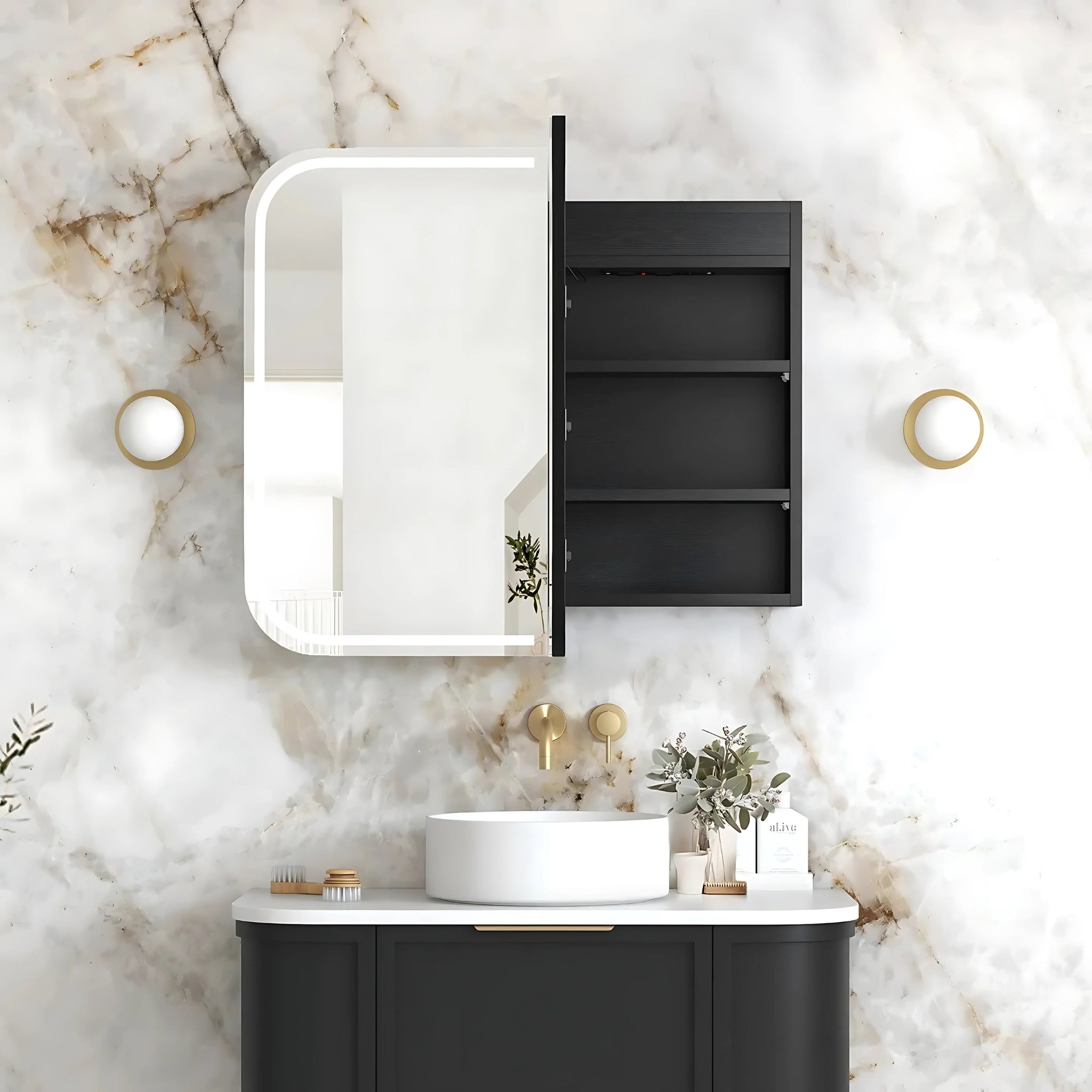 OTTI NEWPORT BLACK OAK LED SHAVING CABINET WITH POWERPOINT 900X750MM