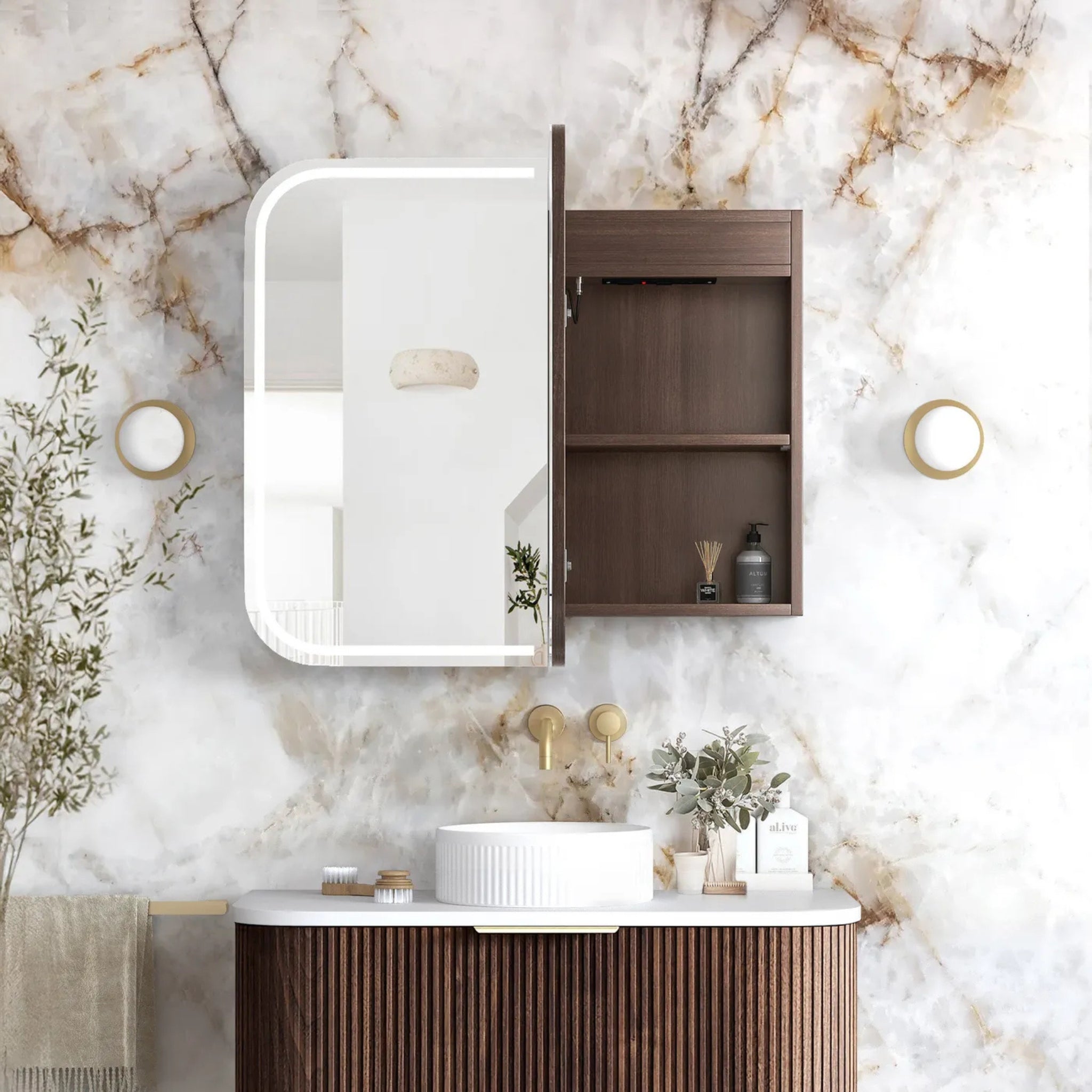 OTTI NEWPORT SABLE WALNUT LED SHAVING CABINET WITH POWERPOINT 3 COLOUR LIGHTS 900X750MM