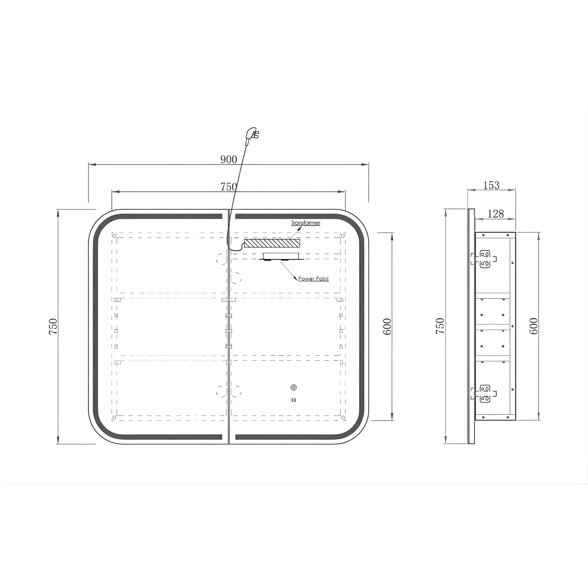 OTTI NEWPORT SABLE WALNUT LED SHAVING CABINET WITH POWERPOINT 900X750MM