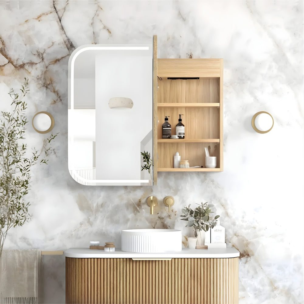 OTTI NEWPORT WOODLAND OAK LED SHAVING CABINET WITH POWERPOINT 900X750MM