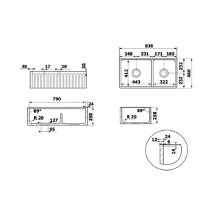 CHAMBORD LEGRANDE LARGE 1 & 1/2 BOWL REVERSIBLE FIRECLAY KITCHEN SINK WHITE 838MM dimensions