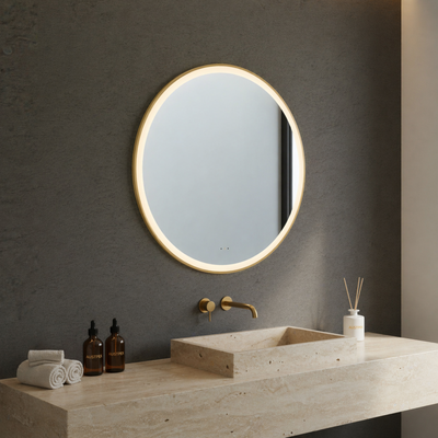 POSEIDON LUNA ROUND IRON FRAMED FRONTLIT LED MIRROR BRUSHED GOLD 900X900MM