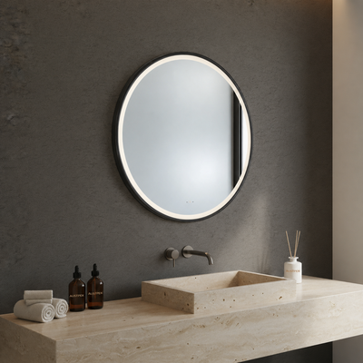 POSEIDON LUNA ROUND IRON FRAMED FRONTLIT LED MIRROR MATTE BLACK 900X900MM