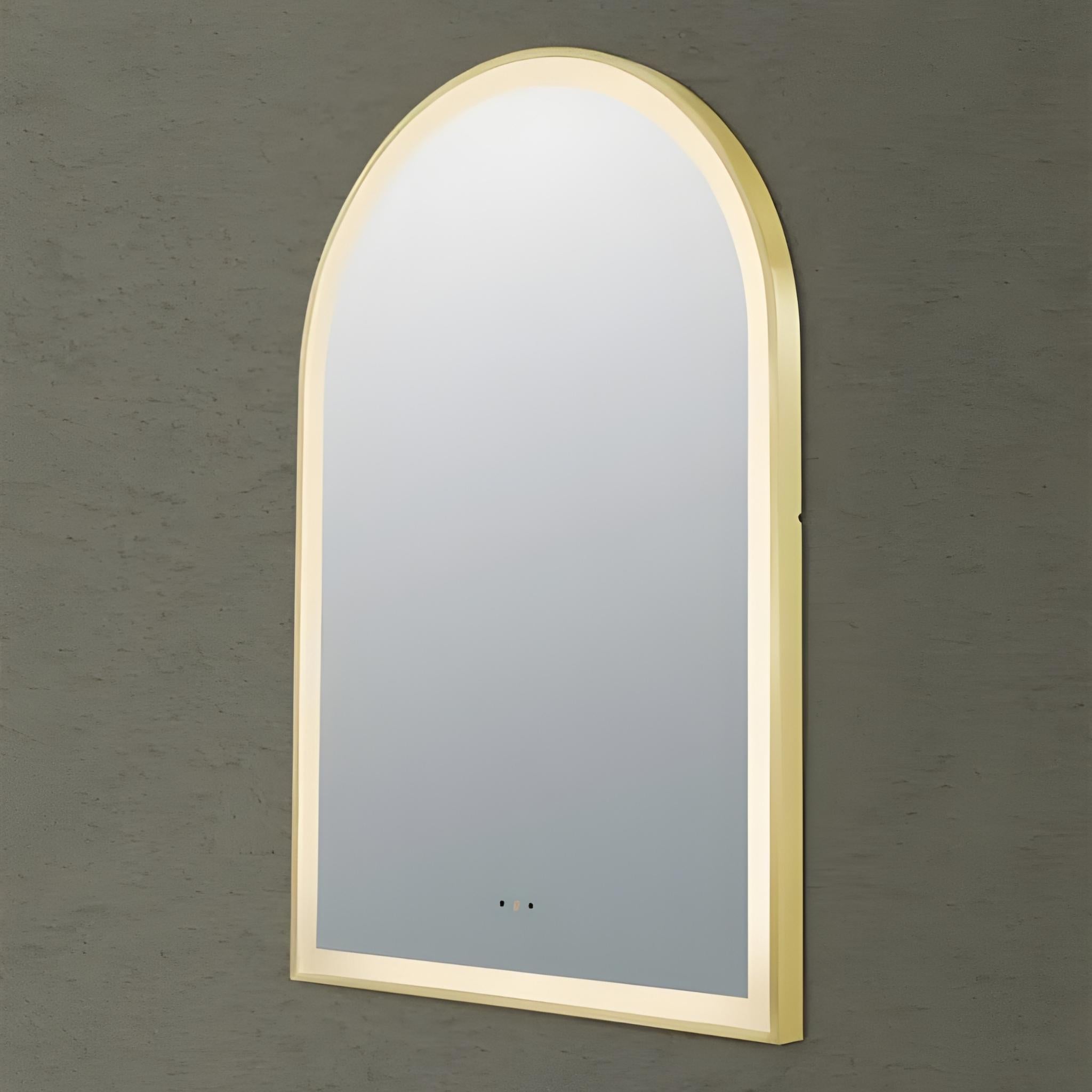 POSEIDON AURA ARCH IRON FRAMED FRONTLIT LED MIRROR BRUSHED GOLD 600X900MM