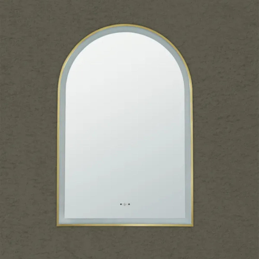 POSEIDON AURA ARCH IRON FRAMED FRONTLIT LED MIRROR BRUSHED GOLD 600X900MM