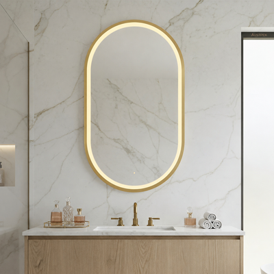 POSEIDON OLIVIA OVAL IRON FRAMED FRONTLIT LED MIRROR BRUSHED GOLD 450X900MM
