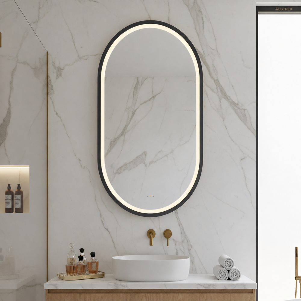 POSEIDON OLIVIA OVAL IRON FRAMED FRONTLIT LED MIRROR MATTE BLACK 600X1000MM
