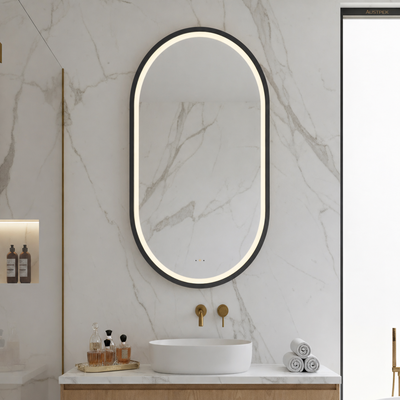 POSEIDON OLIVIA OVAL IRON FRAMED FRONTLIT LED MIRROR MATTE BLACK 600X1000MM
