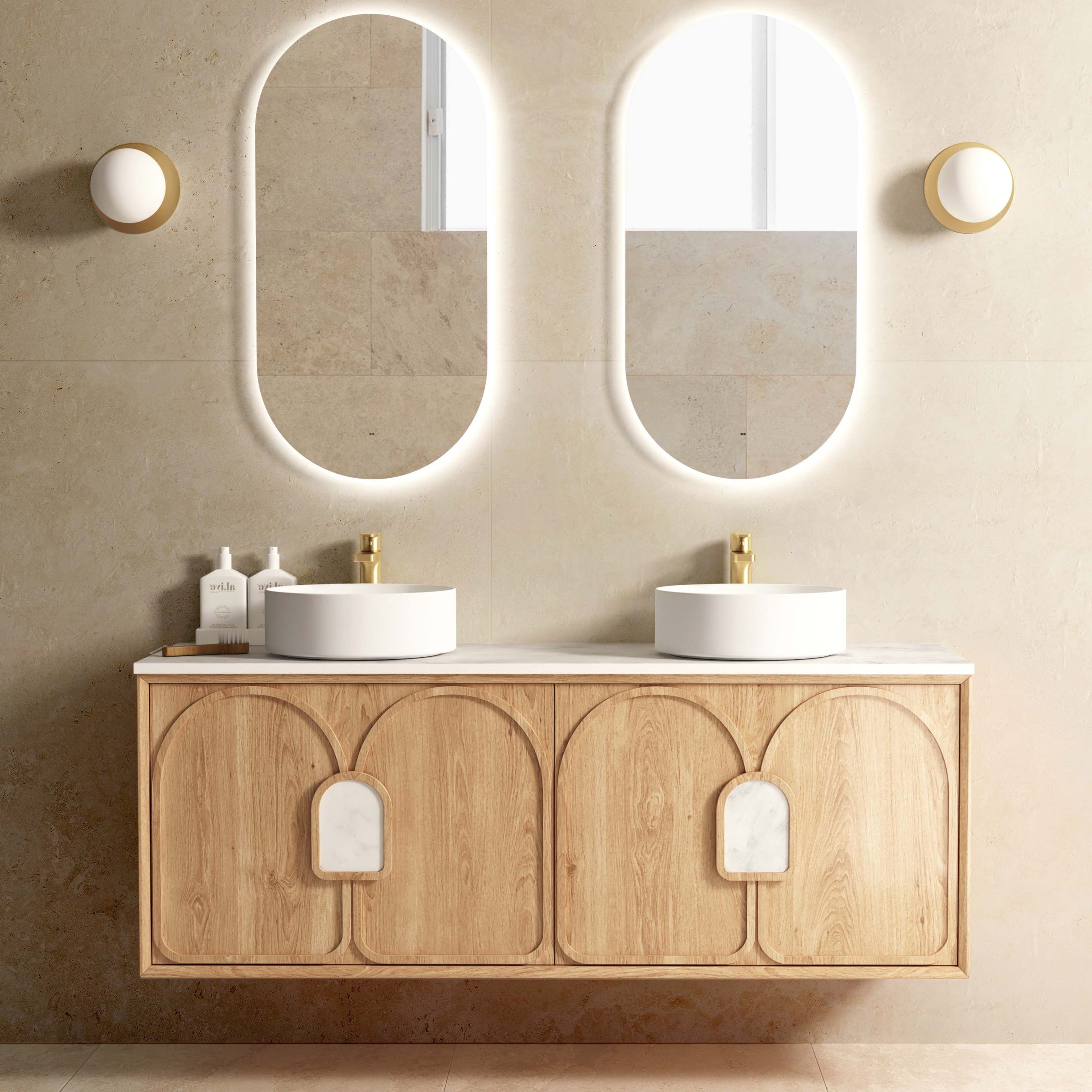 OTTI LAGUNA NATURAL AMERICAN OAK 1500MM DOUBLE BOWL WALL HUNG VANITY