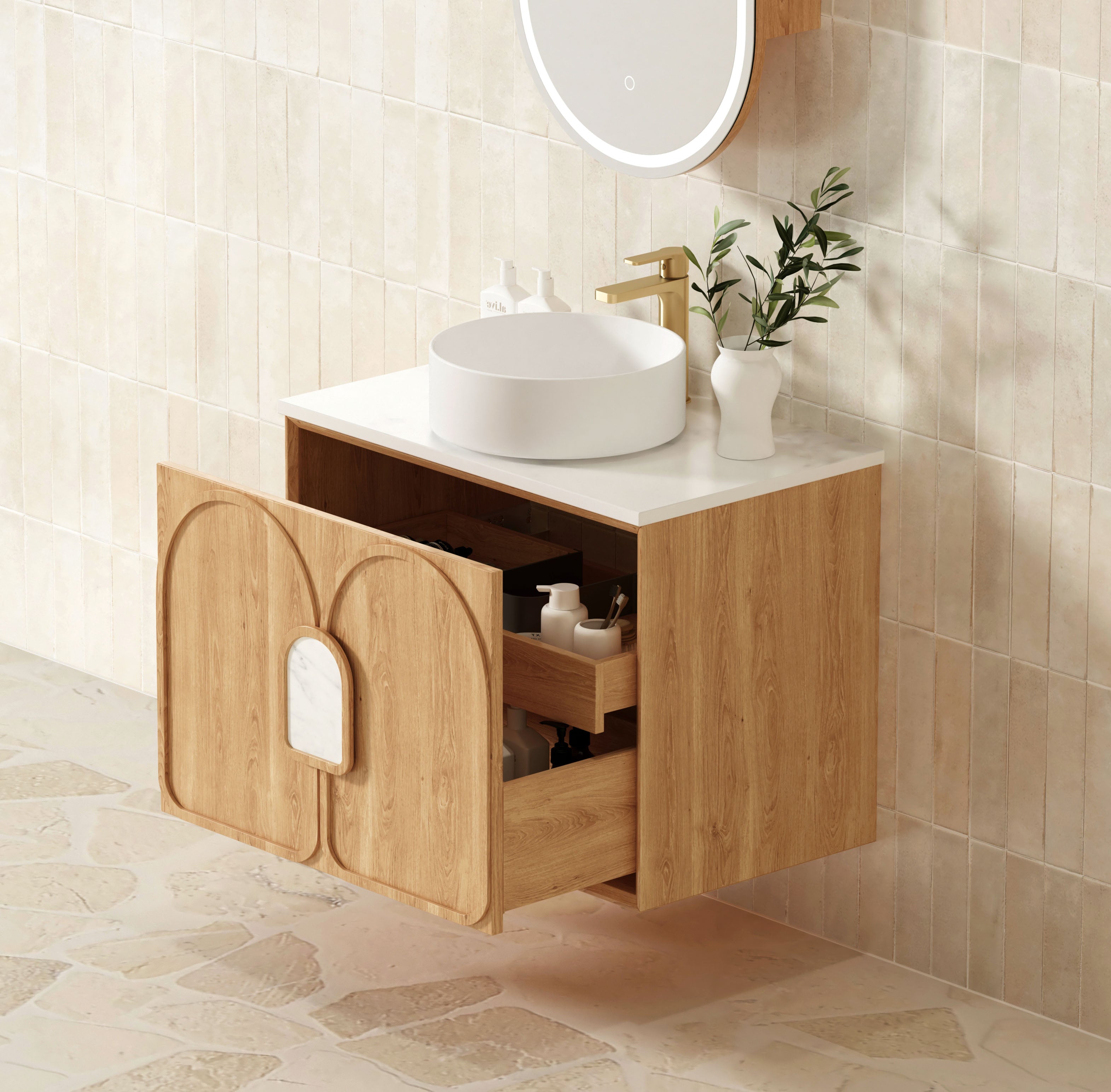 OTTI LAGUNA NATURAL AMERICAN OAK 600MM SINGLE BOWL WALL HUNG VANITY