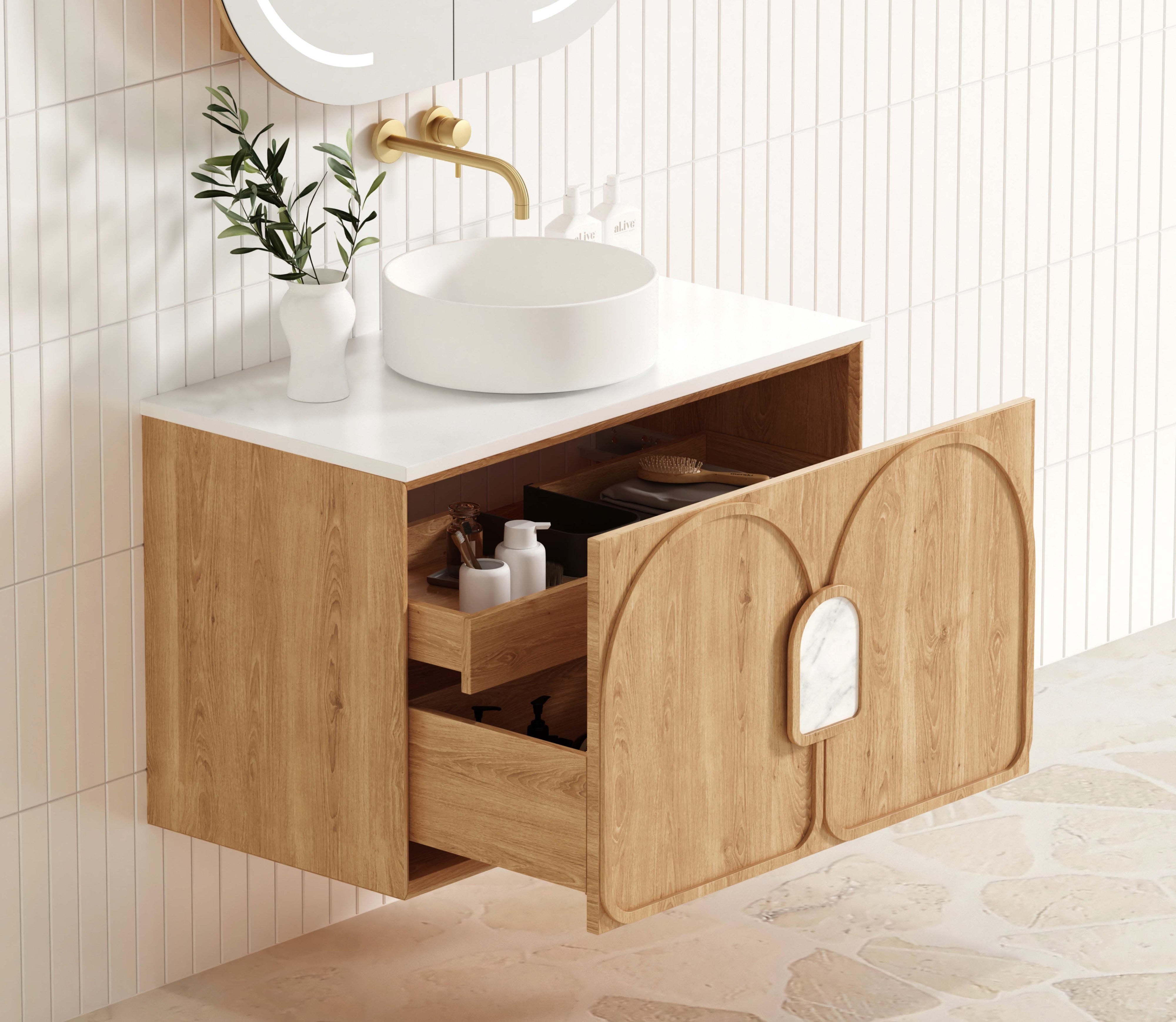 OTTI LAGUNA NATURAL AMERICAN OAK 900MM SINGLE BOWL WALL HUNG VANITY