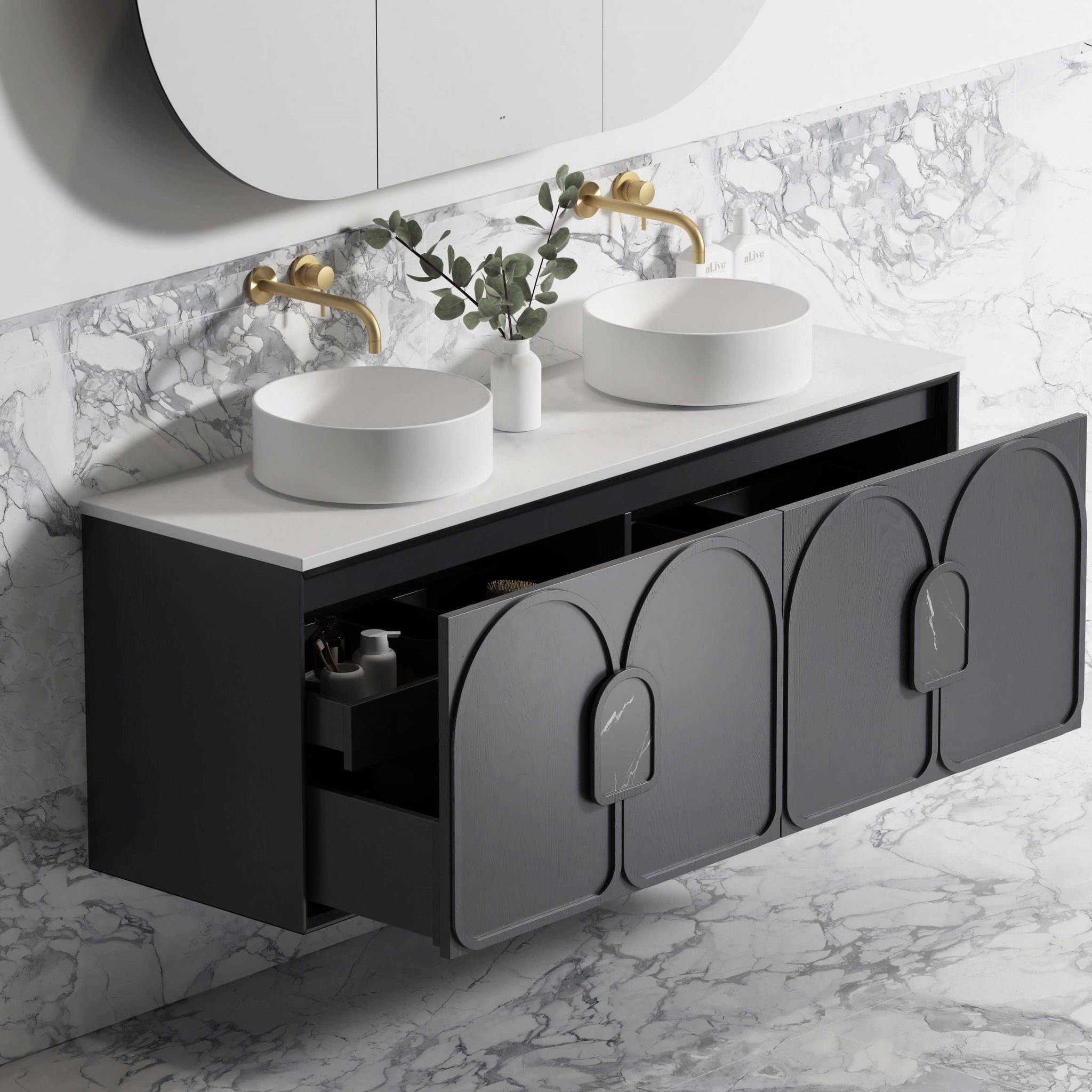 OTTI LAGUNA MARK II BLACK OAK 1500MM DOUBLE BOWL WALL HUNG VANITY