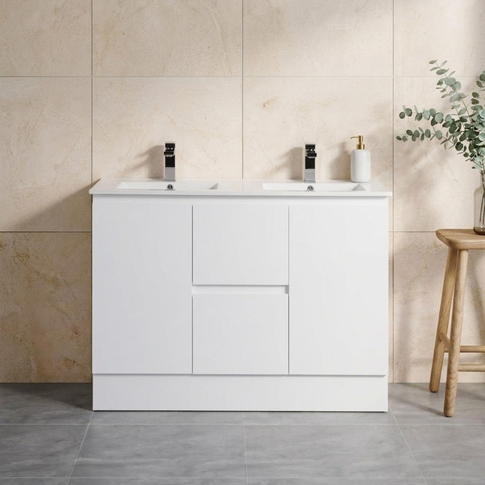 LUKKA ALPHA GLOSS WHITE 1200MM DOUBLE BOWL FLOOR STANDING VANITY WITH KICKBOARD