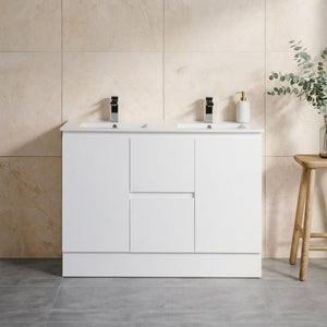 LUKKA ALPHA GLOSS WHITE 1200MM DOUBLE BOWL FLOOR STANDING VANITY WITH KICKBOARD