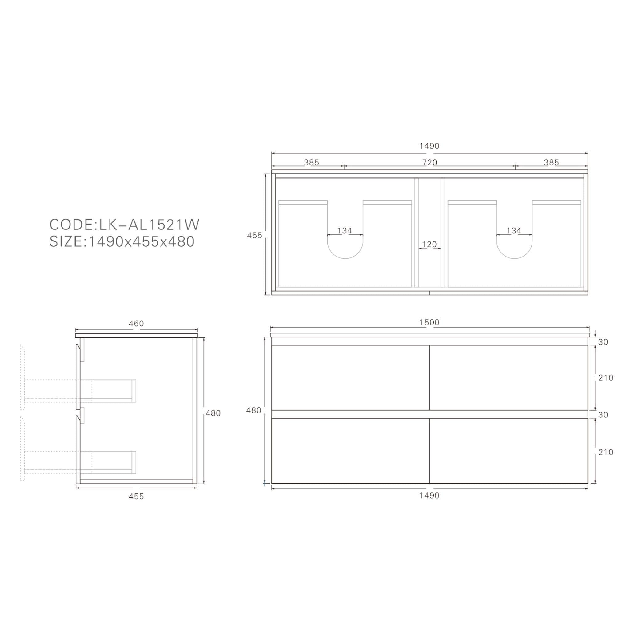 LUKKA ALPHA GLOSS WHITE 1500MM DOUBLE BOWL WALL HUNG VANITY