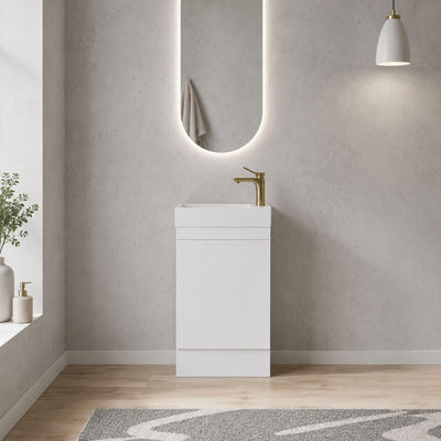 LUKKA ALPHA MINI GLOSS WHITE 450MM SPACE SAVING SINGLE BOWL FLOOR STANDING VANITY WITH KICKBOARD