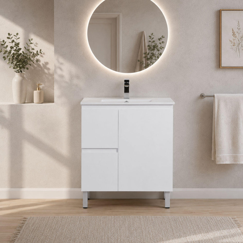 LUKKA ALPHA ENSUITE GLOSS WHITE 750MM SPACE SAVING FLOOR STANDING VANITY (AVAILABLE IN LEFT AND RIGHT HAND DRAWER)