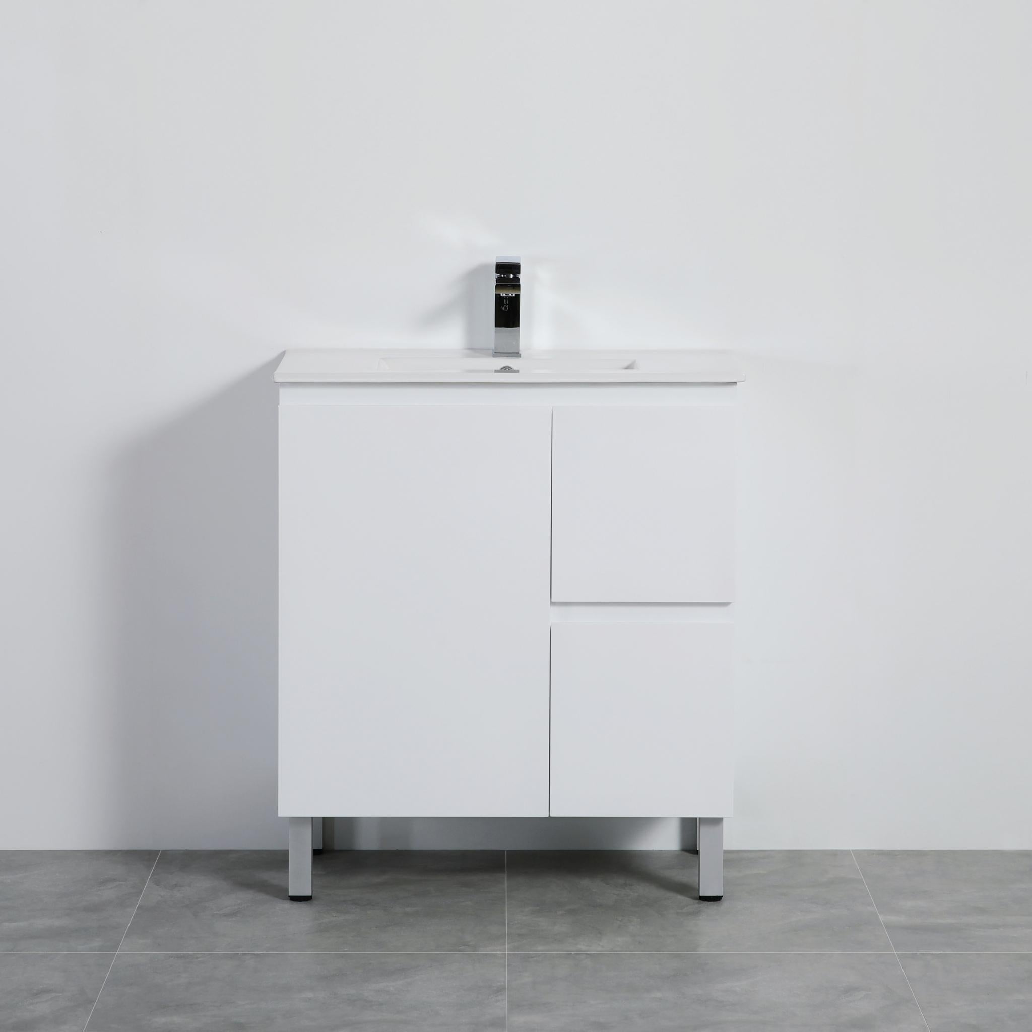 LUKKA ALPHA ENSUITE GLOSS WHITE 750MM SPACE SAVING FLOOR STANDING VANITY (AVAILABLE IN LEFT AND RIGHT HAND DRAWER)