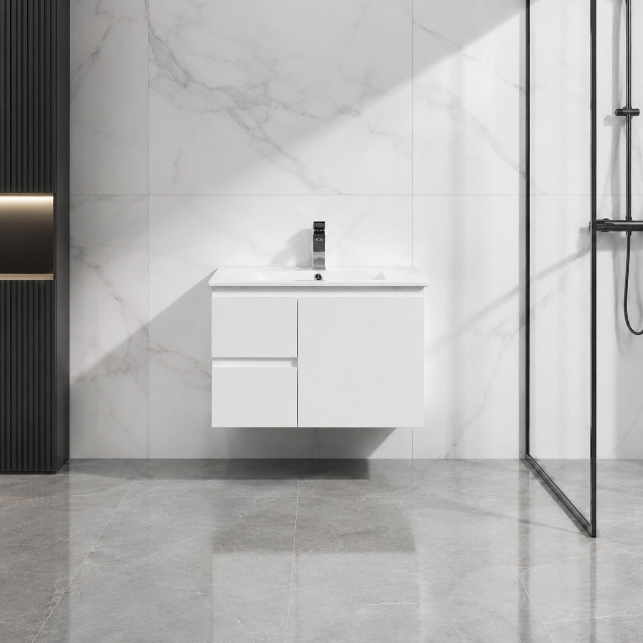 LUKKA ALPHA ENSUITE GLOSS WHITE 750MM SPACE SAVING WALL HUNG VANITY (AVAILABLE IN LEFT AND RIGHT HAND DRAWER)