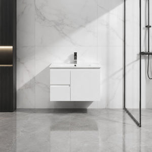 LUKKA ALPHA ENSUITE GLOSS WHITE 750MM SPACE SAVING WALL HUNG VANITY (AVAILABLE IN LEFT AND RIGHT HAND DRAWER)
