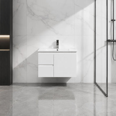 LUKKA ALPHA ENSUITE GLOSS WHITE 750MM SPACE SAVING WALL HUNG VANITY (AVAILABLE IN LEFT AND RIGHT HAND DRAWER)