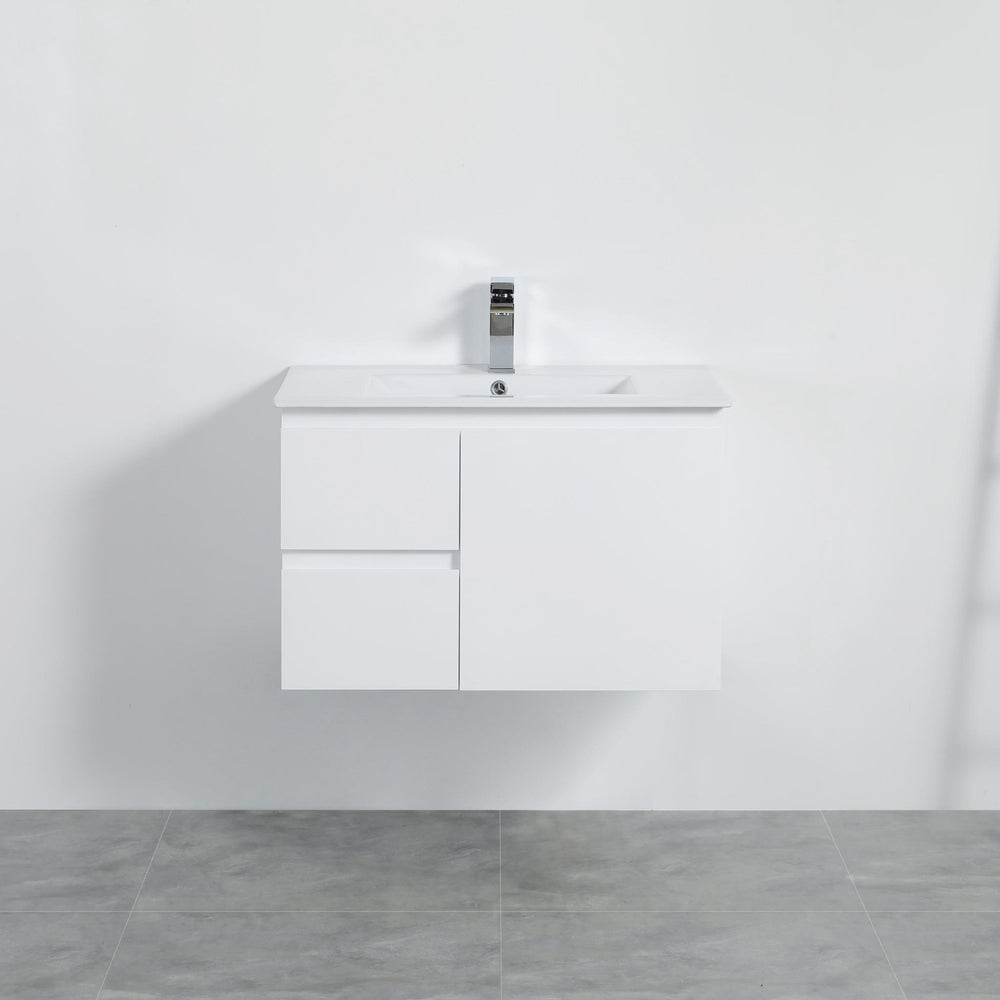 LUKKA ALPHA ENSUITE GLOSS WHITE 750MM SPACE SAVING WALL HUNG VANITY (AVAILABLE IN LEFT AND RIGHT HAND DRAWER)